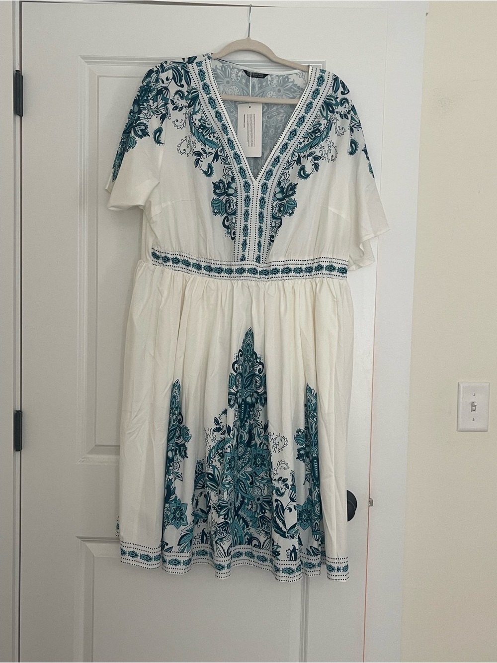 Bloom chic White Dress with Teal Floral Pattern - Women's V-Neck Dress